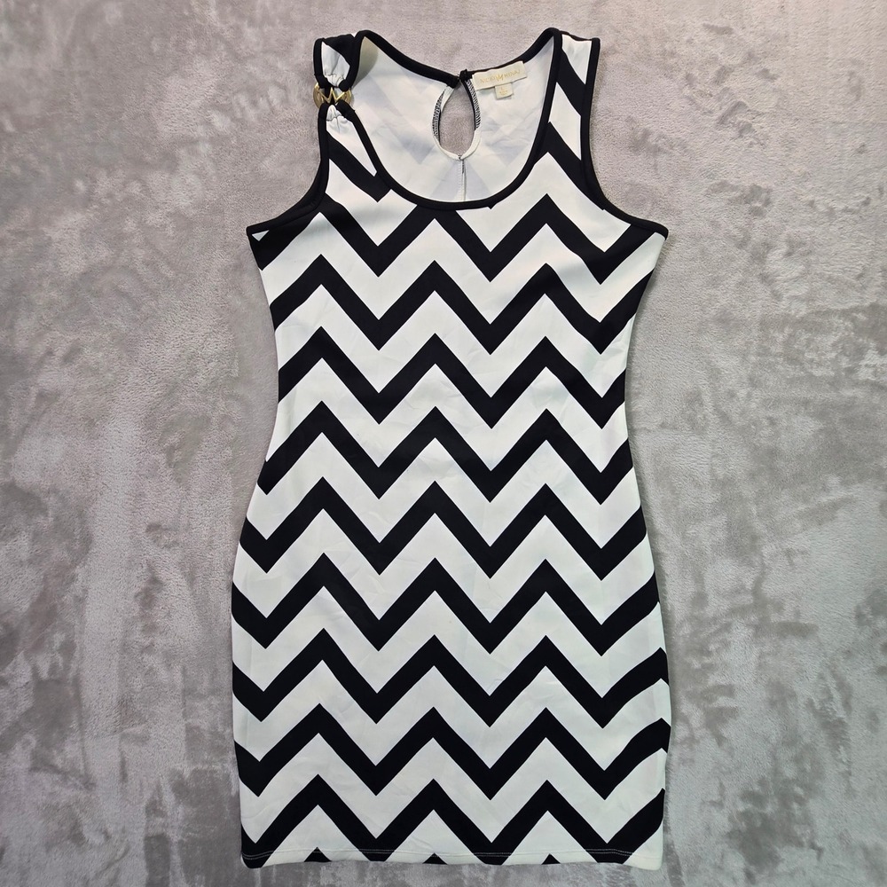 Nicki Minaj Black White Chevron Bodycon Mini Dress Gold Logo Size L